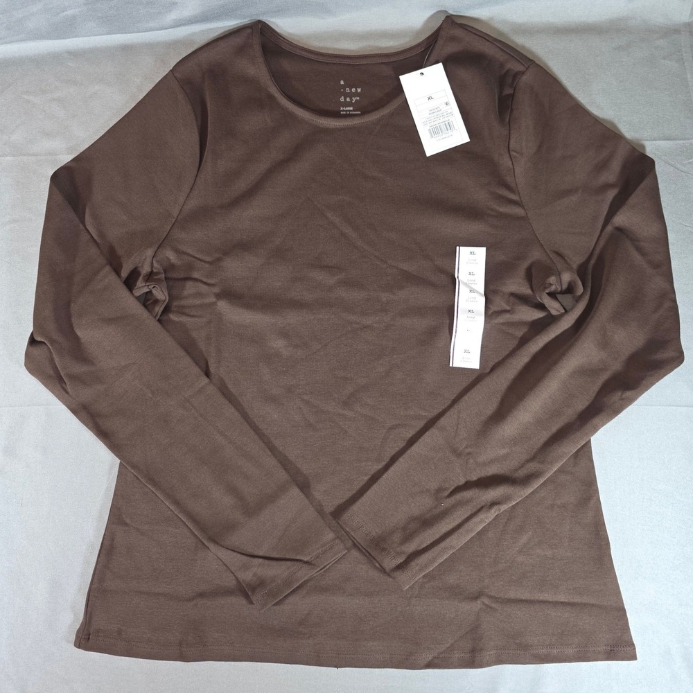 A New Day Womens XL Brown Long Sleeve Crewneck Cotton Blend Tee Shirt NWT